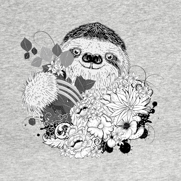 Drawing of a sloth with lush flowers by Kisho